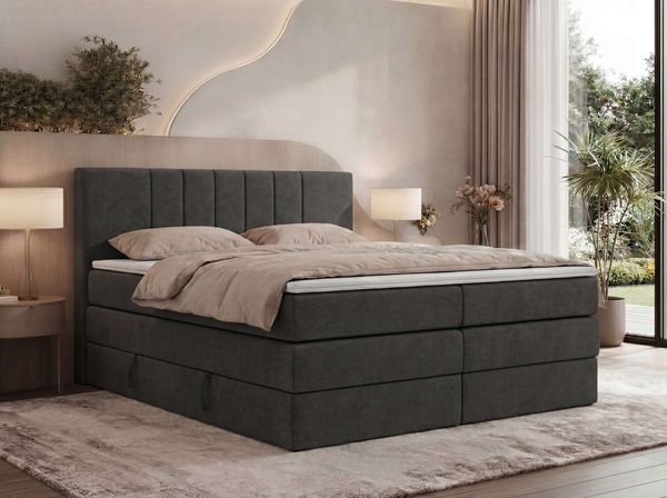 Boxspringbett INERO KING, 7 -Zonen-Multipocket-Matratze H4 und Topper Visco, zwei Bettkästen, Doppelbett, Stauraum - 160x200 - Dunkelgrau Stukture