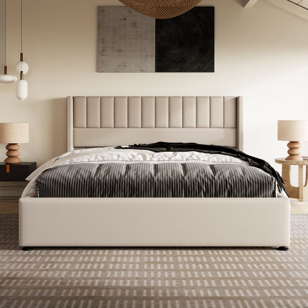 Polsterbett 160×200 cm mit hydraulischem Bettkasten, vertikal gestepptes Kopfteil, Beige