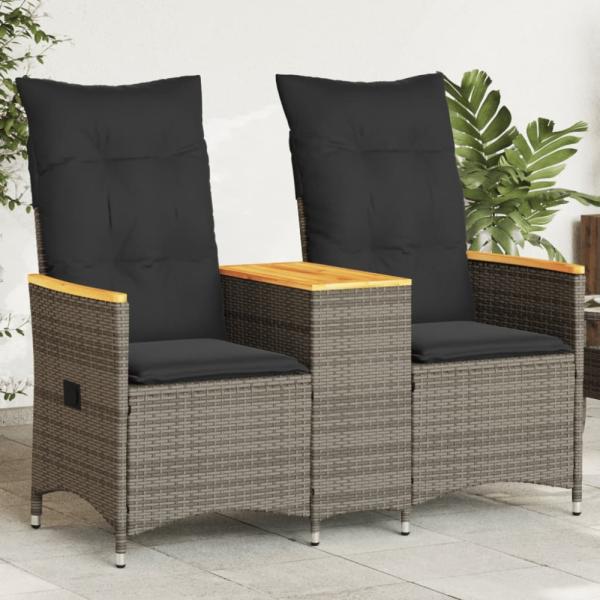 vidaXL Gartensofa 2-Sitzer Verstellbar mit Tisch Grau Poly Rattan 365721