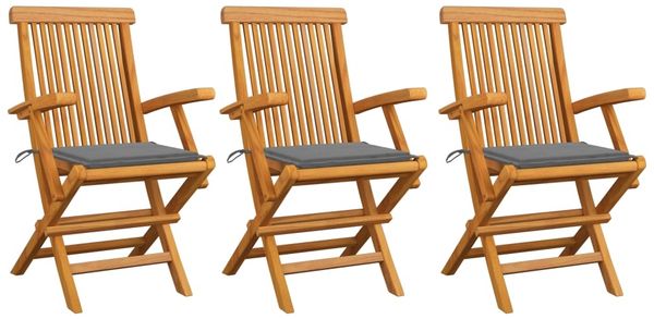 vidaXL Gartenstühle mit Grauen Kissen 3 Stk. Massivholz Teak 3062515
