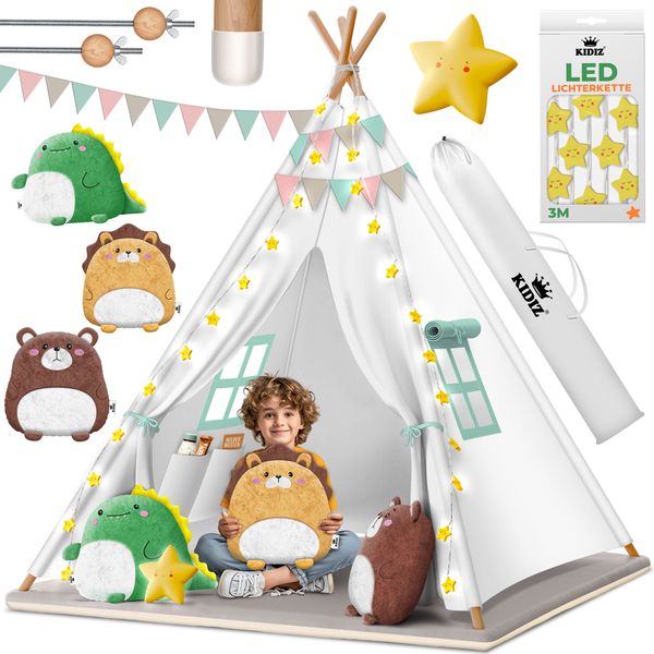 KIDIZ® Tipi Zelt für Kinder Spielzelt 100 x 100 x 160 cm Kinderzelt aus Baumwolle mit LED-Lichterkette, Leuchtstern, Fahnengirlande, 3 Plüschtiere, Untermatte & Tragetasche Spielhaus für drinnen & draußen Weiß