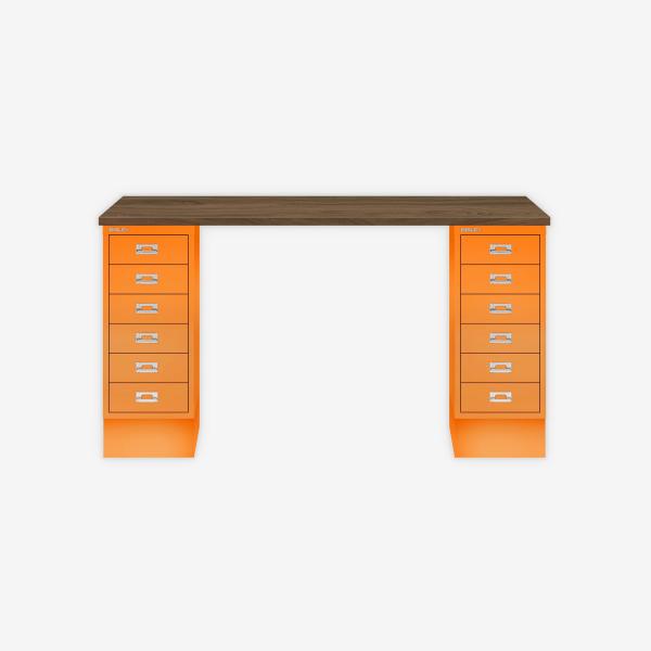 MultiDesk, 2 MultiDrawer mit 6 Schüben, Dekor Nussbaum, Farbe Orange, Maße: H 740 x B 1400 x T 600 mm