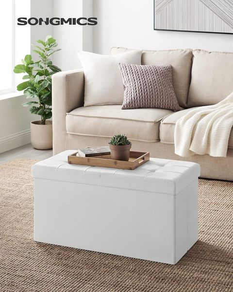 SONGMICS Sitzbank, faltbar, Sitztruhe, 89 Liter Fassungsvermögen, bis 300 kg belastbar, 38 x 76 x 38 cm, wolkenweiß LSF45WT