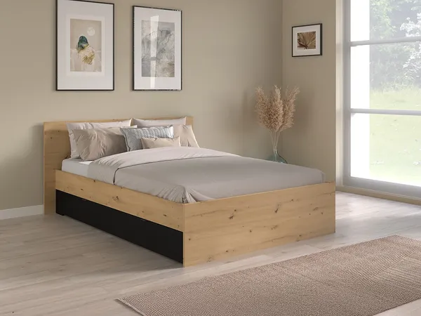 Vente-unique - VARLY Bett Holz, Platte SchwarzBeige - B 204 cm x H 83 cm x L 164,5 cm