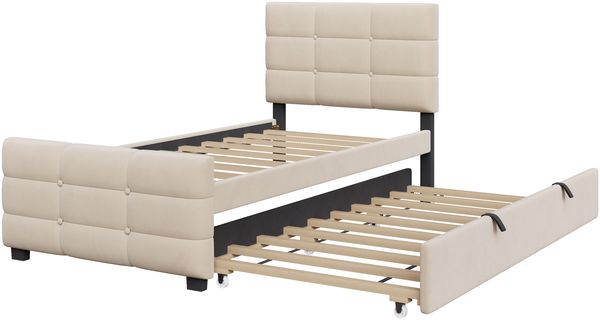 Merax Polsterbett 90 x 190 cm Kinderbett, Jugendbett, mit Ausziehbett, flaches Einzelbett in hautfreundlichem Samtstoff (beige) Bild 8