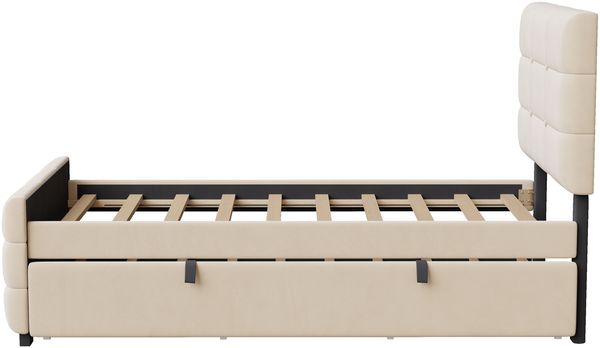 Merax Polsterbett 90 x 190 cm Kinderbett, Jugendbett, mit Ausziehbett, flaches Einzelbett in hautfreundlichem Samtstoff (beige) Bild 6