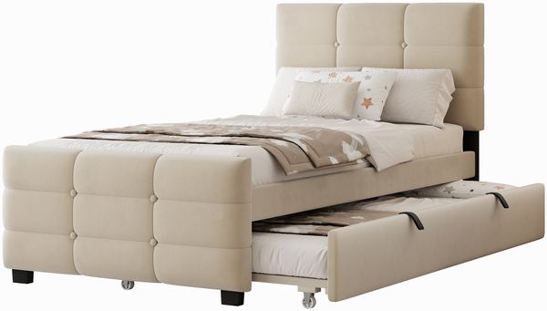 Merax Polsterbett 90 x 190 cm Kinderbett, Jugendbett, mit Ausziehbett, flaches Einzelbett in hautfreundlichem Samtstoff (beige) Bild 10