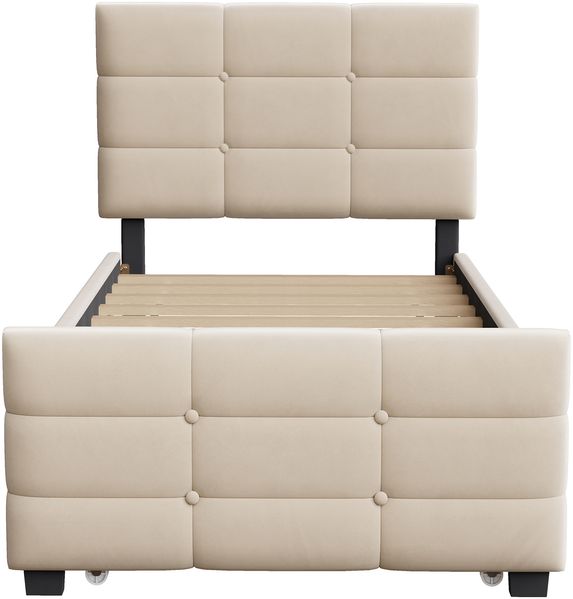 Merax Polsterbett 90 x 190 cm Kinderbett, Jugendbett, mit Ausziehbett, flaches Einzelbett in hautfreundlichem Samtstoff (beige) Bild 9