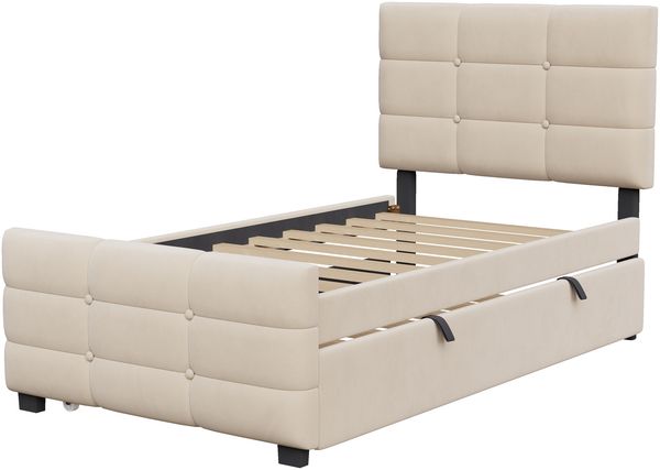 Merax Polsterbett 90 x 190 cm Kinderbett, Jugendbett, mit Ausziehbett, flaches Einzelbett in hautfreundlichem Samtstoff (beige) Bild 7