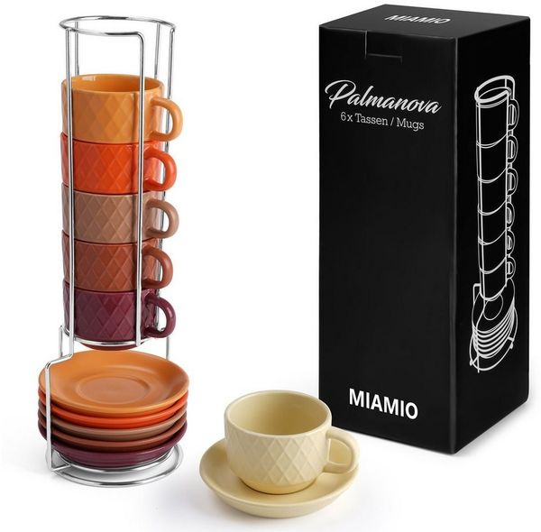 MiaMio Espressotasse 6 x 75 ml Espresso Tassen Set mit Ständer Steingut Keramik (Magma), 6-tlg.