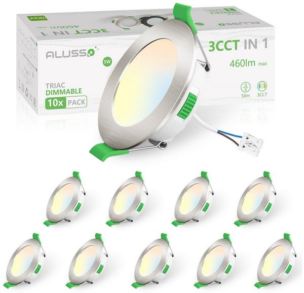 ALUSSO LED Einbaustrahler 10er-Set, 230 V, 68-78 mm, Dimmbar, 5 W, ultraflach, 460 Lm, Warmweiß 3000 K, Neutralweiß 4000 K, Kaltweiß 6500 K, Nickel