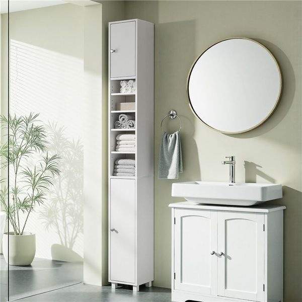 Yaheetech Hochschrank Schmaler Badezimmerschrank 181 cm (H) mit 2 Türen & Offenen Fächern, 6 höhenverstellbare Einlegeböden