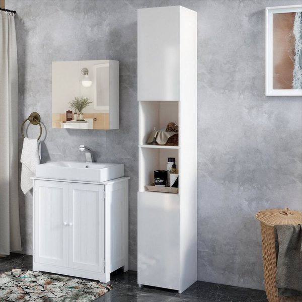 Mondeer Hochschrank Badschrank mit 2 Hochglanz Türen und 6 Trennwänden 30 x 30 x 183.5cm, Weiß