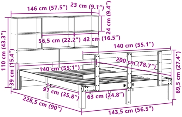 vidaXL Massivholzbett mit Regal ohne Matratze Weiß 140x200 cm Kiefer 3322758 Bild 10