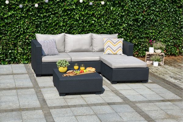 Keter 'Allibert Salta' Gartenlounge, 3-Sitzer, Hocker & Tisch, mit Kissen, Rattanoptik Anthrazit / Sand