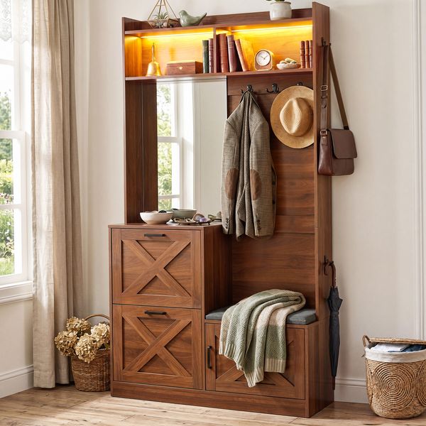 Merax Kompaktgarderobe, Garderobenschrank für Diele mit 2 Klappschuhfächern, Ganzkörperspiegel, per App farbverstellbare LED, Metallgriffe, Nussbaum