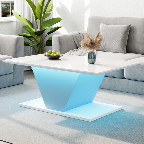 MODFU Couchtisch mit Hochglanzoberfläche (Wohnzimmertisch, Beistelltisch, 1-St, 100*50*46cm), hochglänzende Kaffeetish mit LED-Leuchten
