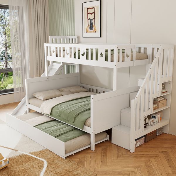 Kinderbett 90*200/140*200 cm, Massivholz-Etagenbett mit Rutsche und Regal mit Sicherheitsstufen, Rollbett und Lattenrost, weiß
