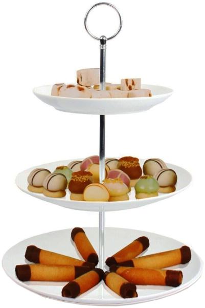 Runde Porzellan-Etagere Servierregal Ständer 3-stöckig weiß Ø25cm