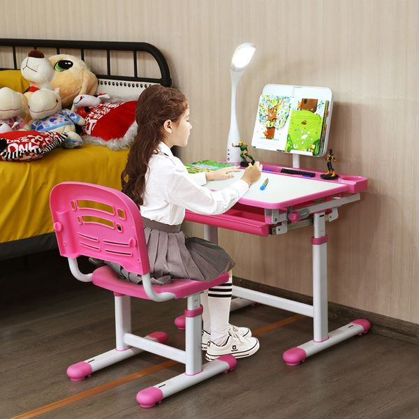 Kinderschreibtisch Neigungsverstellbar Schülerschreibtisch mit Lampe und Stuhl Farbewahl-Rosa