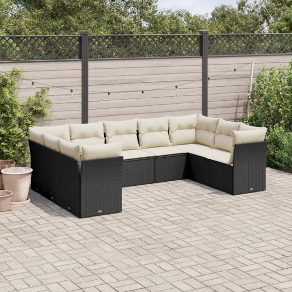 vidaXL 9-tlg. Garten-Sofagarnitur mit Kissen Schwarz Poly Rattan 3218126