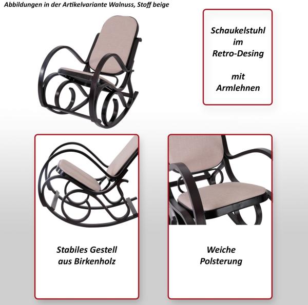 Schaukelstuhl M41, Schwingsessel Fernsehsessel, Massiv-Holz ~ Walnuss-Optik, Patchworkleder schwarz Bild 2