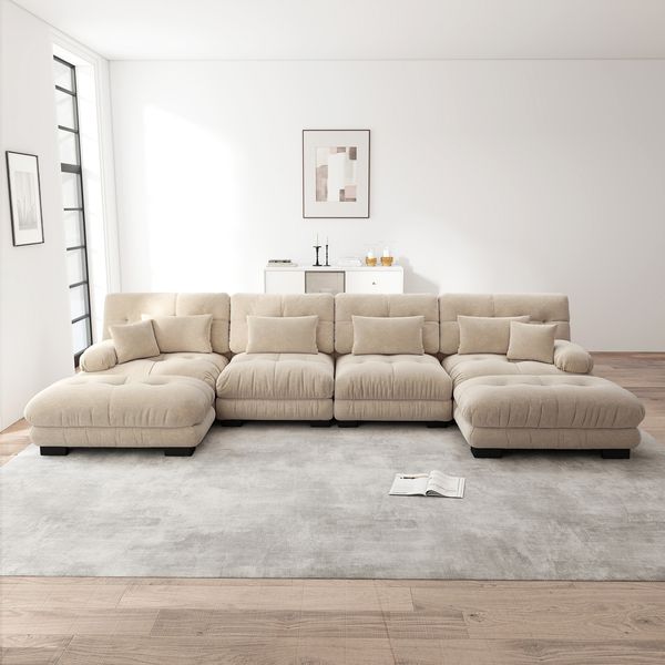 Modulares Sofa aus Chenille 406x145x81 cm mit runden Armlehnen und 2 Ottomanen, beige