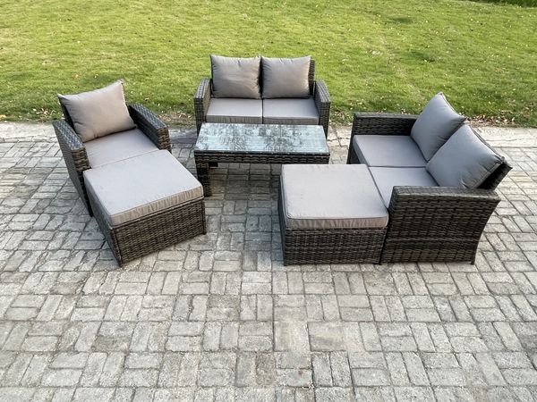 Fimous 7-Sitzer Hoher Rücken Rattan Gartenmöbel Sets mit Rechteckig Couchtisch 2 Großer Fußhocker Doppelsofa Stuhl Dunkelgrau Gemischt