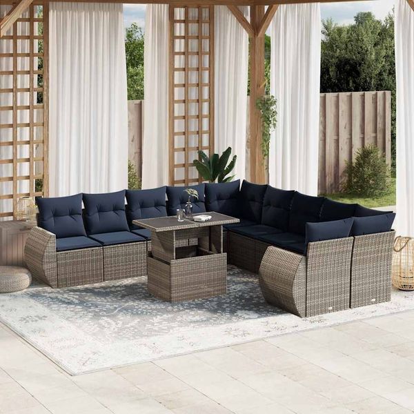 vidaXL 11-teiliges Gartensofa-Set mit Kissen, grau, Polyrattan 3268801