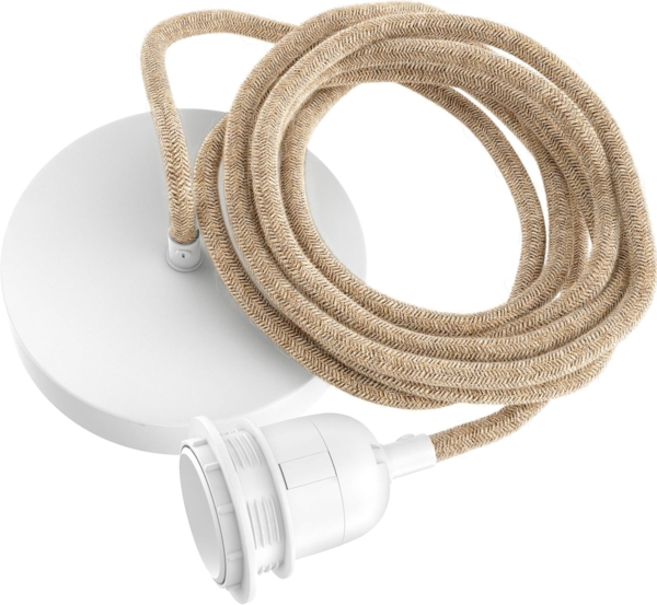 HOOPZI - Pendelleuchte - Hang 1 Flammig - 2,5m Textilkabel Seil - 1 X E27 Fassung - Vintage Retro Ficelle natur mit weißer Fassung Bild 1