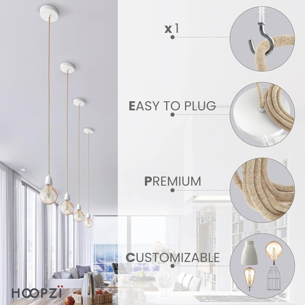 HOOPZI - Pendelleuchte - Hang 1 Flammig - 2,5m Textilkabel Seil - 1 X E27 Fassung - Vintage Retro Ficelle natur mit weißer Fassung Bild 4