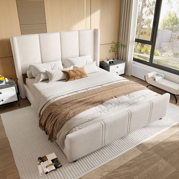 Polsterbett 140x200 cm mit USB/Typ-C, hohem Kopf- und Fußteil, Samtbezug, ohne Matratze, Beige
