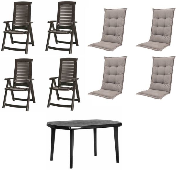SET Aruba 4 x Klappsessel graphit, 1 x Tisch graphit, 4 x Auflage taupe