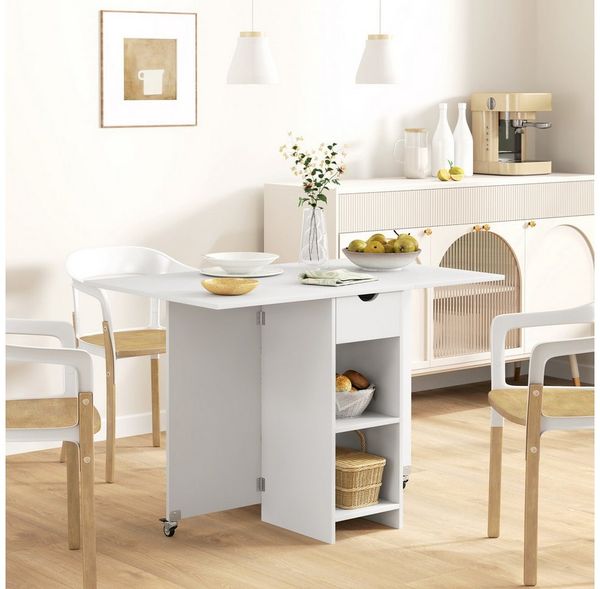 HOMCOM Klapptisch für 2-4 Personen mit Offenen Ablagen, 1 Schublade (Set, 1-St, Klappbarer Esstisch), für Kleine Räume, Esszimmer 114,5 x 70 x 75 cm, Weiß