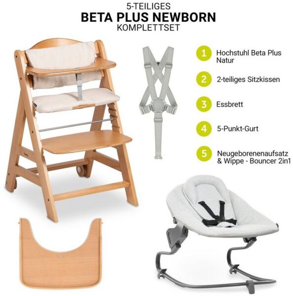 Hauck Hochstuhl Beta Plus Natural - Newborn Set Premium (Set), Babystuhl ab Geburt mit Neugeborenen Aufsatz, Sitzpolster & Essbrett
