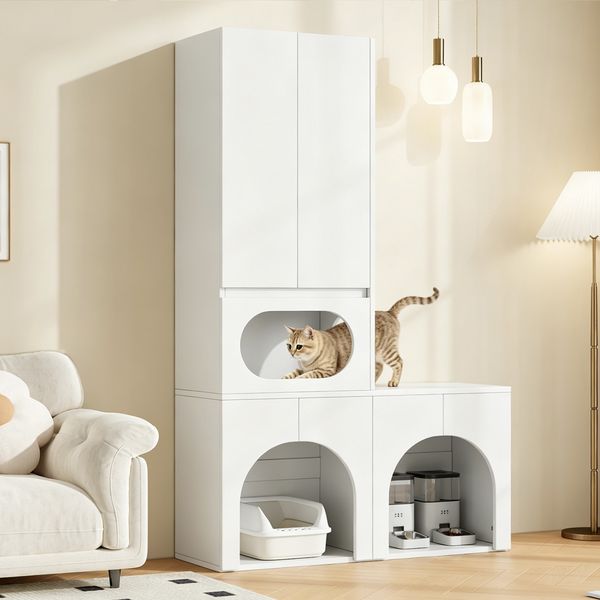 Merax Katzentoilettenschrank, Haustierschrank, Haustier-Aufbewahrungsschrank, für 2 Katzentoiletten, mit Kratzsäule und Ruhebereich, Haustierschrank für Katzen und Hunde, weiß, 140 x 45 x 195 cm
