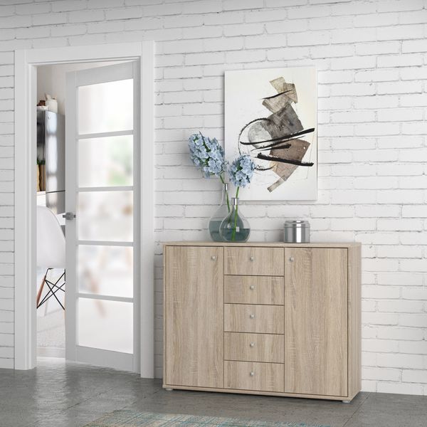 FORTE TEMPRA 2 Kommode mit 2 Türen und 5 Schubladen, Holzwerkstoff, Sonoma Eiche, 108. 8x85. 5x34. 8 cm Sonoma Eiche Dekor