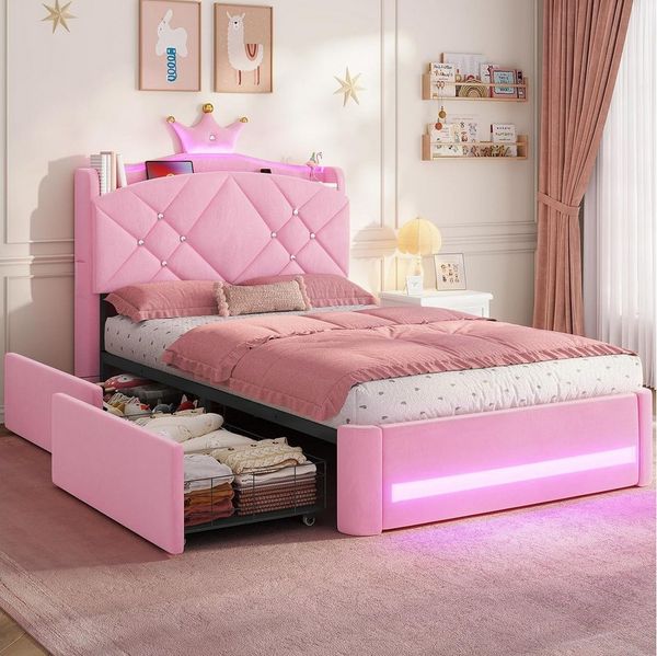 MSMASK Kinderbett im Kronen-Design mit LED-Beleuchtung, Ladestation und 2 Schubladen (Ohne Matratze), Polsterbett Jugendbett Prinzessinnenbett 90x200 cm