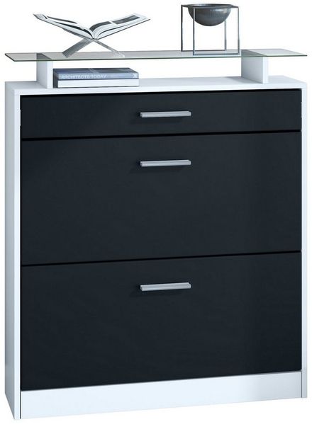 Schuhschrank Loret 89 x 104 x 23 cm Schuhkipper für 16 Paar Schuhe mit 1 Schublade, 1 Glasablage, Farben Weiß matt & Schwarz matt