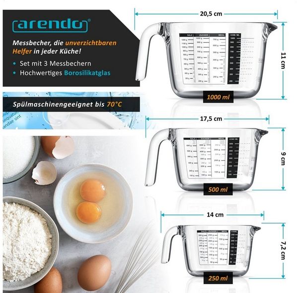 Arendo Messbecher 250 ml, 500 ml & 1000 ml Glas Messkrug Set, Borosilikatglas, Glas, (Set, 3-St), präzise Skala, hitzebeständig, Mikrowellen-geeignet, Küchenhelfer