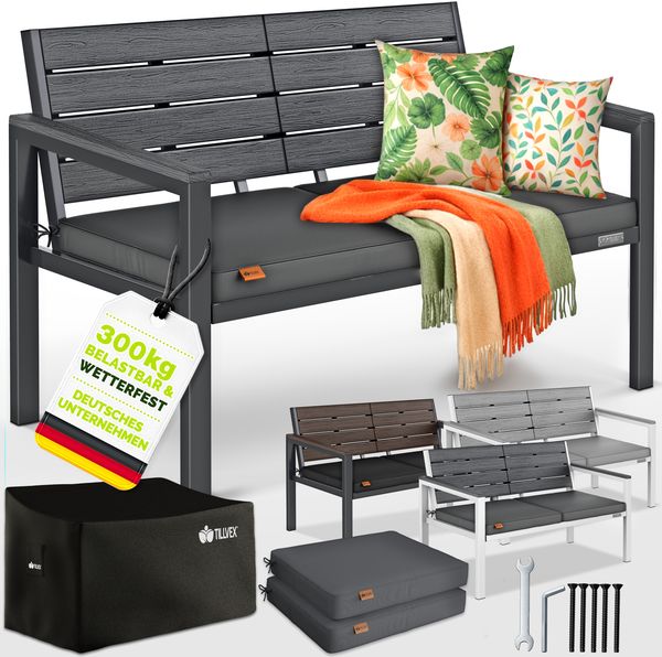tillvex® Gartenbank mit Abdeckung & Kissen, 2-3 Sitzer, wetterfest, Holzoptik grau / weiß, 130x60x85 cm