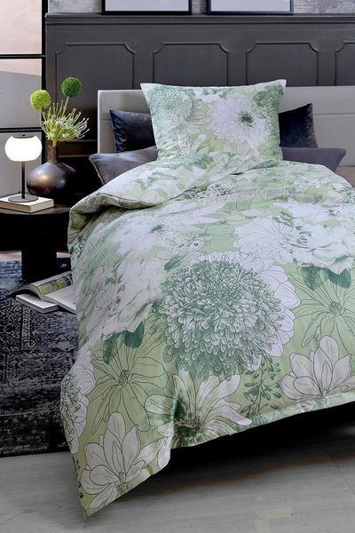 casa NOVA Bettwäsche BLAIR, 155 x 220 cm, Grün, Weiß, florales Muster, Satin, 2 teilig, mit Reißverschluss