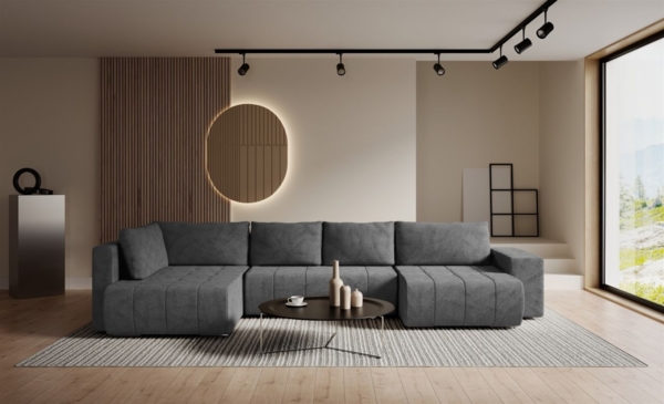 Wohnlandschaft Schlafsofa ARMANDA in Stoff Blur Dunkelgrau langer Schenkel Links