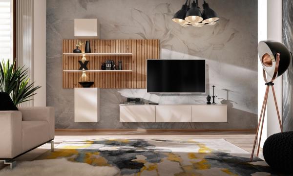 Wohnwand Gusto PW B in Kaschmir und Artrisan mit Streifenaufdrück Wandpaneel 280 x 180 x 45