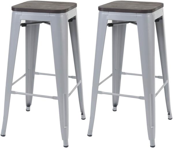 2er-Set Barhocker HWC-A73 inkl. Holz-Sitzfläche, Barstuhl Tresenhocker, Metall Industriedesign stapelbar ~ grau