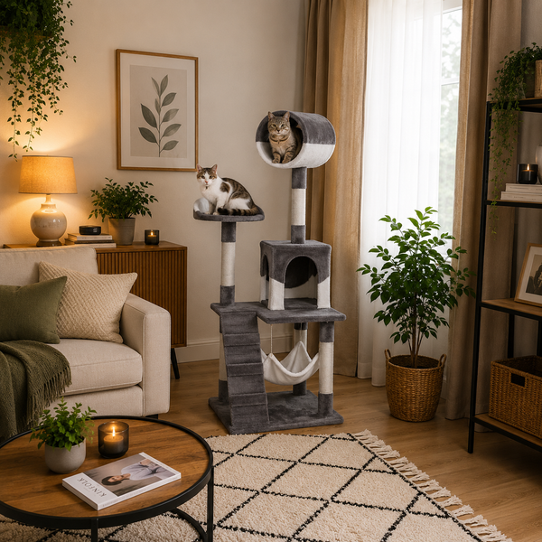 belviona Katzenkratzbaum, Kletterbaum für Katzen mit Höhle, Hängematte, Treppe & Liegeplattform, grau/weiß