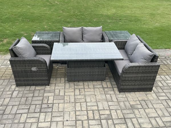 Fimous 5-Sitzer Rattan Möbel Garten Dining Set im Freien Höhenverstellbarer Aufsteigenderr Tisch Liebe Sofa Stuhl mit 2 Beistelltischen