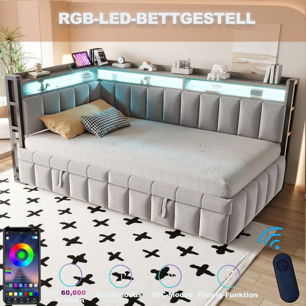 MODFU Schlafsofa mit Ausziehbett, Polsterbett mit LED-Beleuchtung, Ablagefächer & USB-Anschlüsse, Metallbett 90 x 200 & 90x190 cm, Samtstoff, Inklusive Matratze