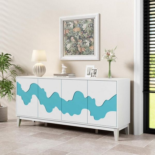 UEV Sideboard mit 4 Türen, Modern Kommode mit Wellenmuster Buffet für Küche (Packung, 160x40x73cm Highboard TV Schrank, Mehrzweckschrank), verstellbare Ablage, Anti-Kipp Schutz, Drucktüröffner