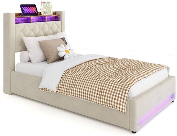 MODFU Polsterbett Funktionsbett Stauraumbett Gästebett (Stilvolles Polsterbett Dunkelgrau aus hochwertigem holländischen Samt mit hochelastischem Schaumstoff, 1-tlg, 90*200), Mit LED-Lichtleiste und USB-Aufladung
